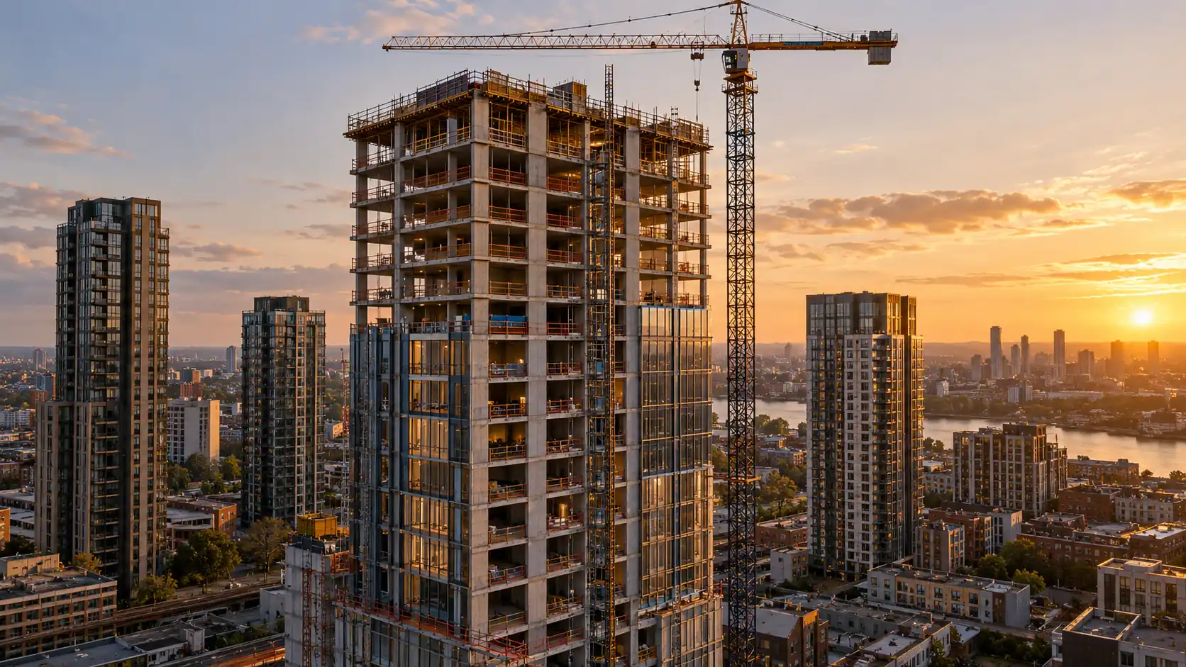 High-rise residential tower under construction with a tower crane at golden hour