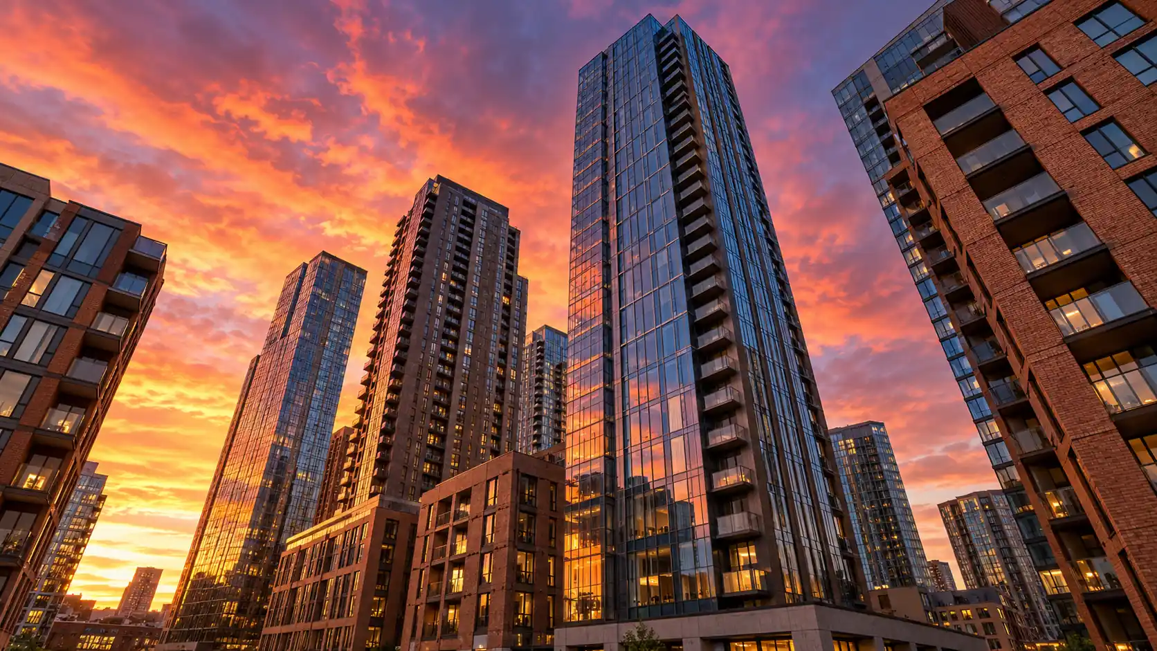 Looking up at new high-rise glass and brick residential towers against a pink and orange sunset sky
