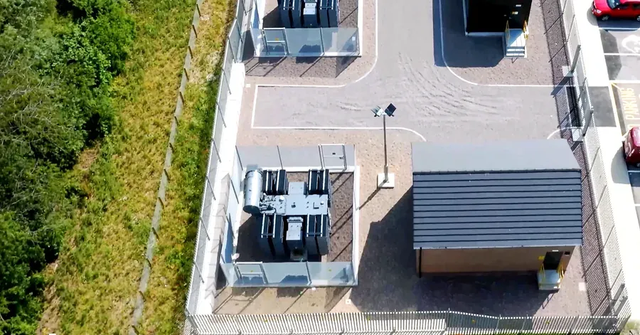 Aerial view of a completed electricity substation compound with transformer housing