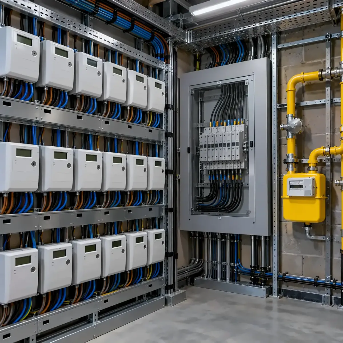 Commercial meter room with rows of electricity smart meters, a CT metering panel and a yellow gas meter