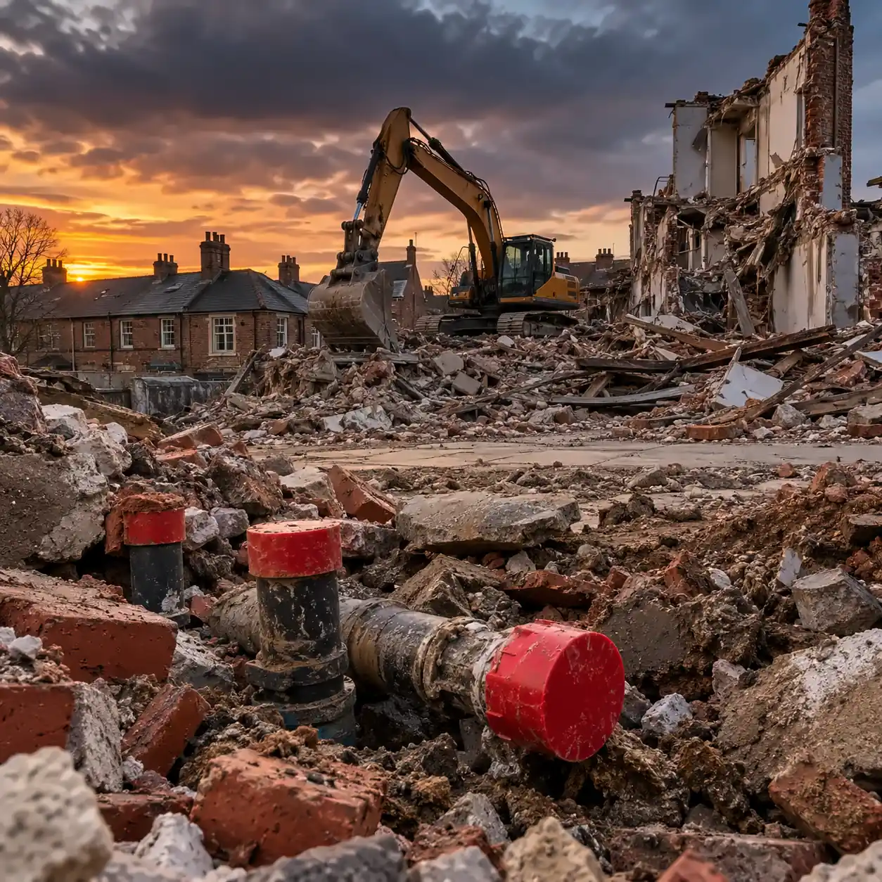 Demolition site with an excavator and capped utility service pipes in the foreground