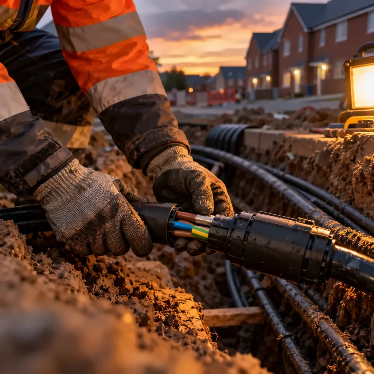 Gloved hands of a cable jointer joining a low voltage cable in a trench on a housing development at dusk