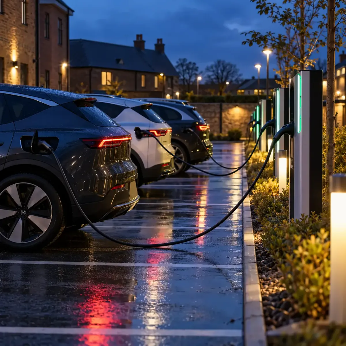 Electric cars charging at a row of EV charge points in a car park at dusk