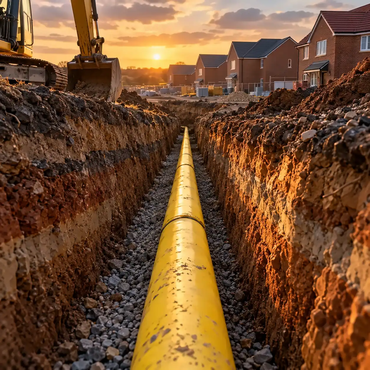 Yellow PE gas main laid in a deep trench leading to new homes at sunset, with an excavator alongside
