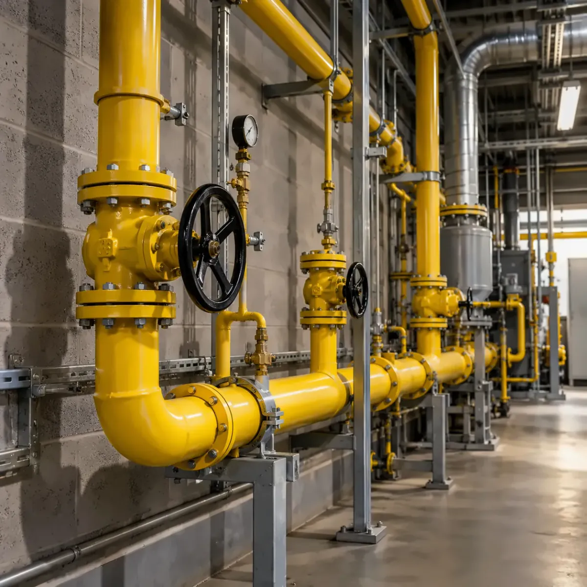 Yellow gas pipework with isolation valves running through a commercial plant room