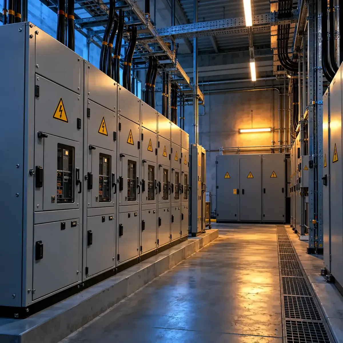 High voltage switchroom with rows of grey switchgear panels and overhead cable trays