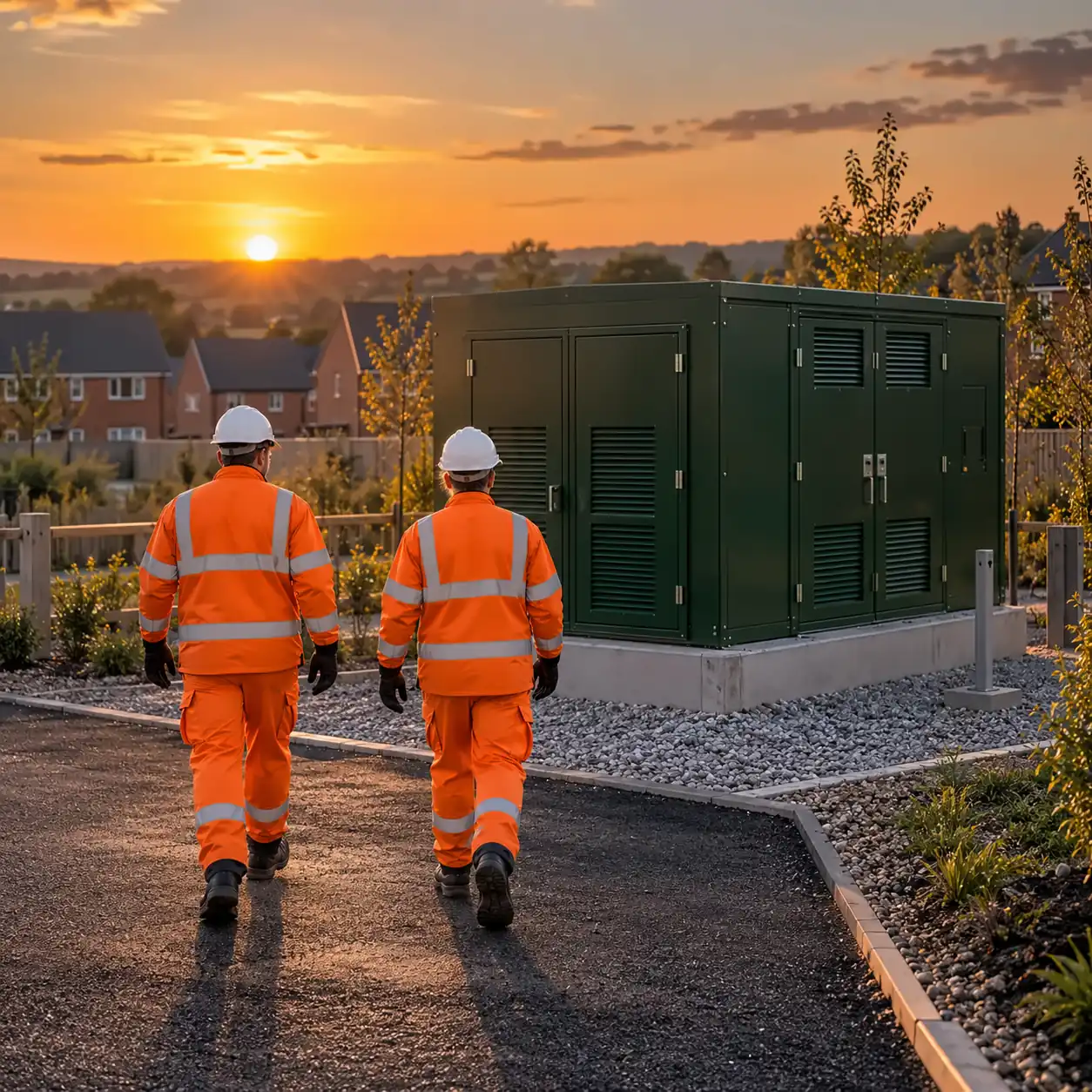 Two utility engineers in hi-vis walking towards a green ground-mounted substation at sunset