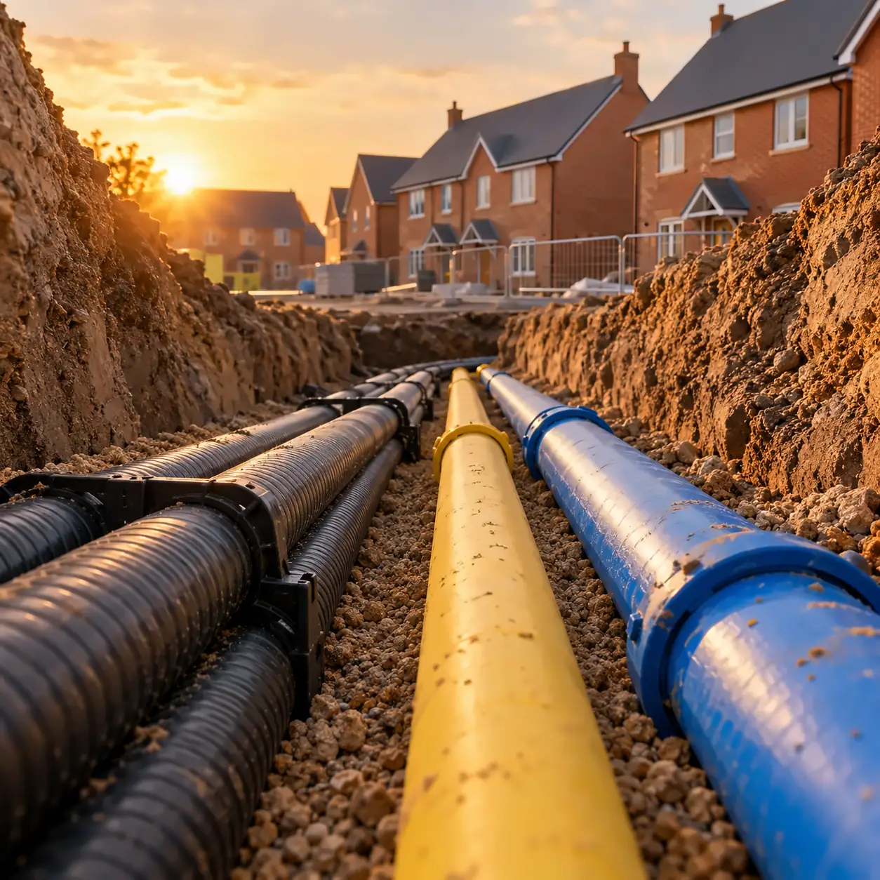 Shared utility trench with black electricity ducts, a yellow gas pipe and a blue water pipe laid side by side