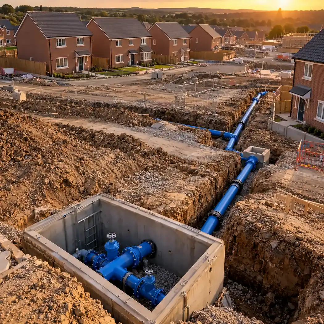 New water main and valve chamber being installed between plots on a housing development