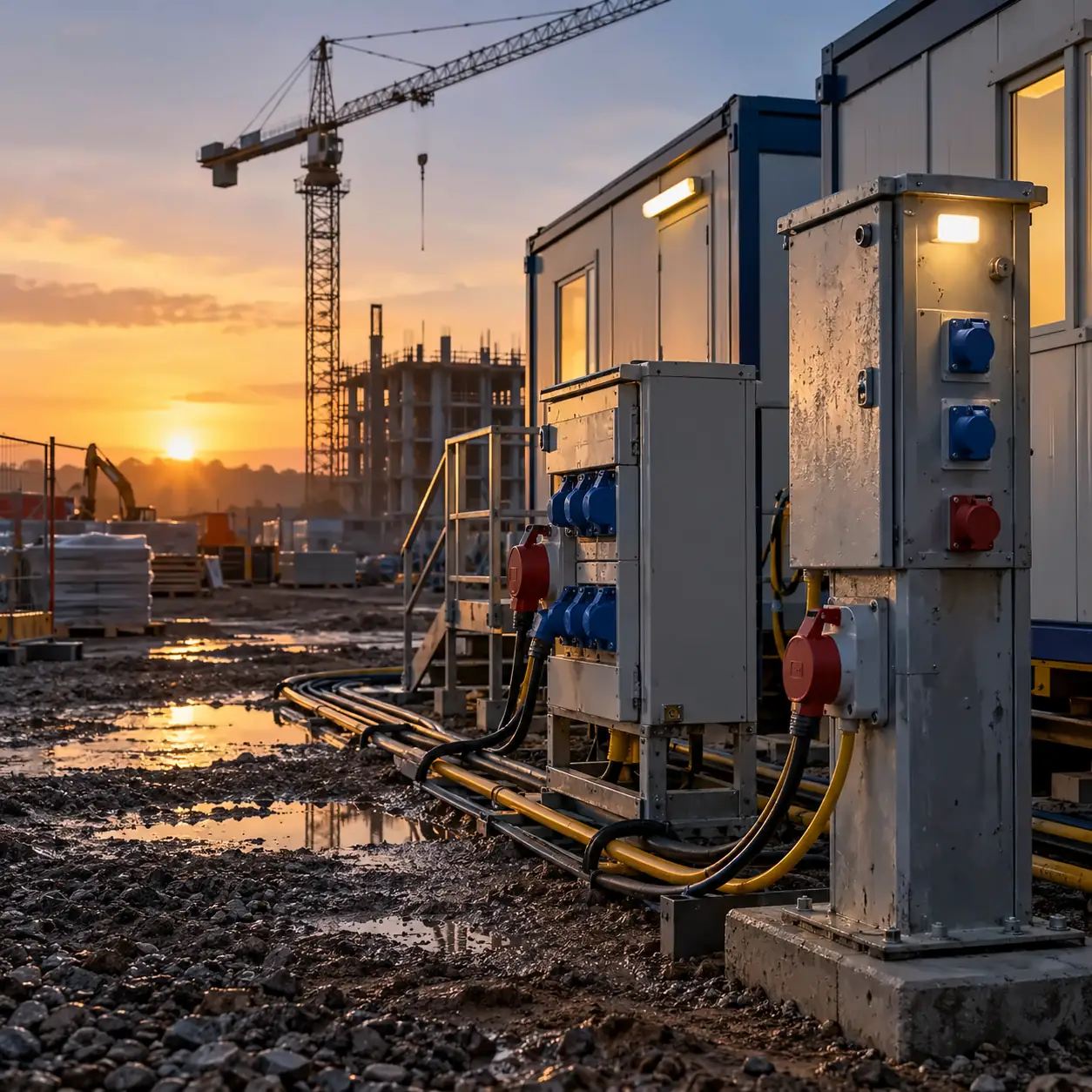 Temporary builders supply pillar and site distribution unit beside site cabins at dawn