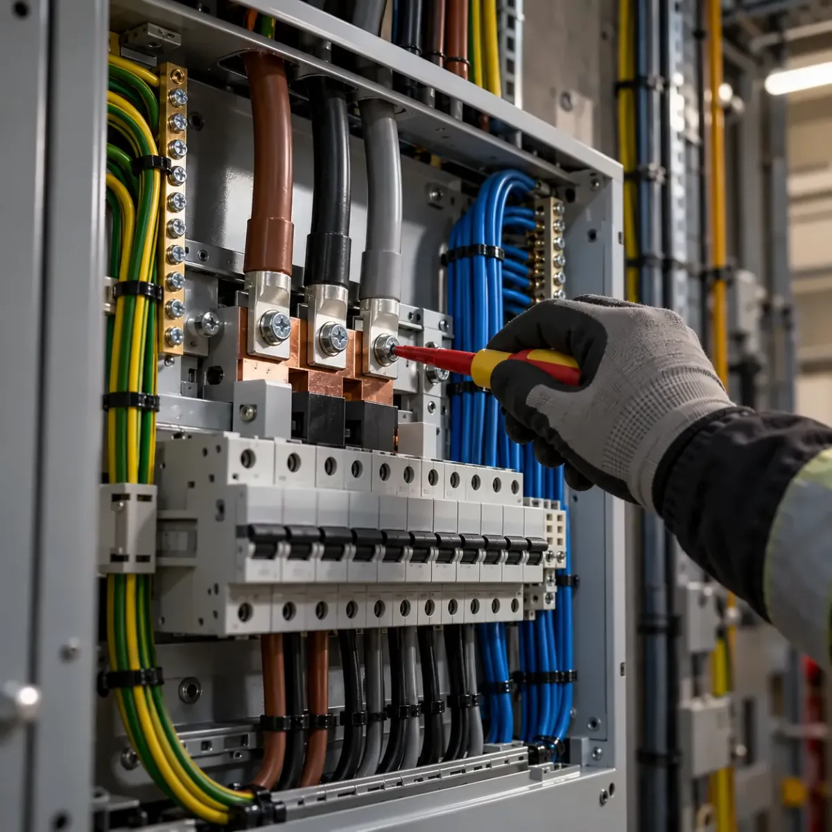 Gloved hand tightening a terminal in a newly installed three-phase distribution board