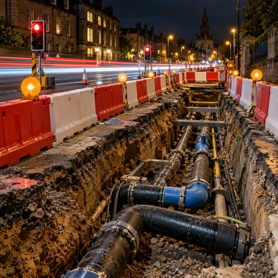 Night-time road excavation behind red and white barriers with utility pipes being diverted