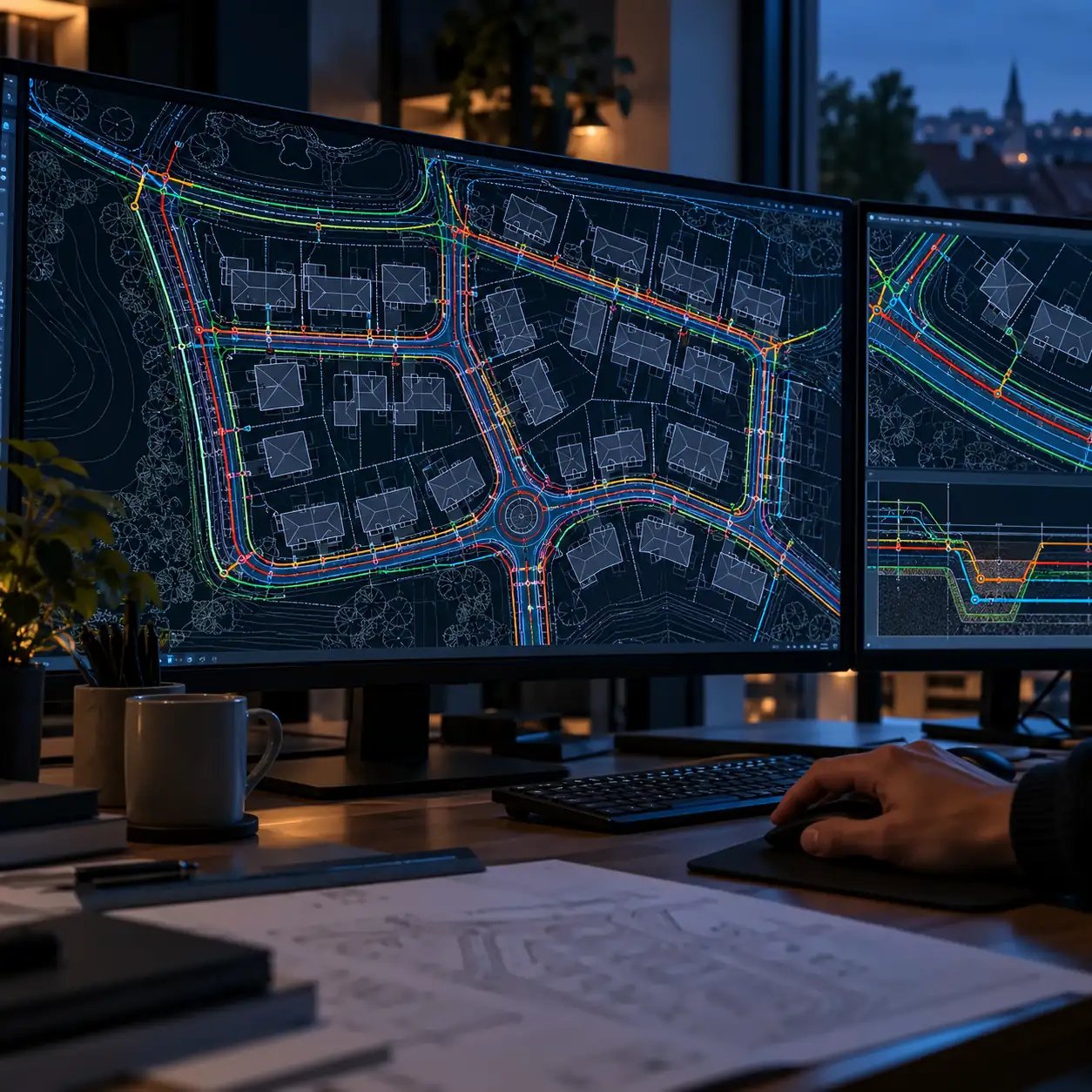 Engineer's monitors showing a CAD layout of an underground utility network htmlFor a housing site