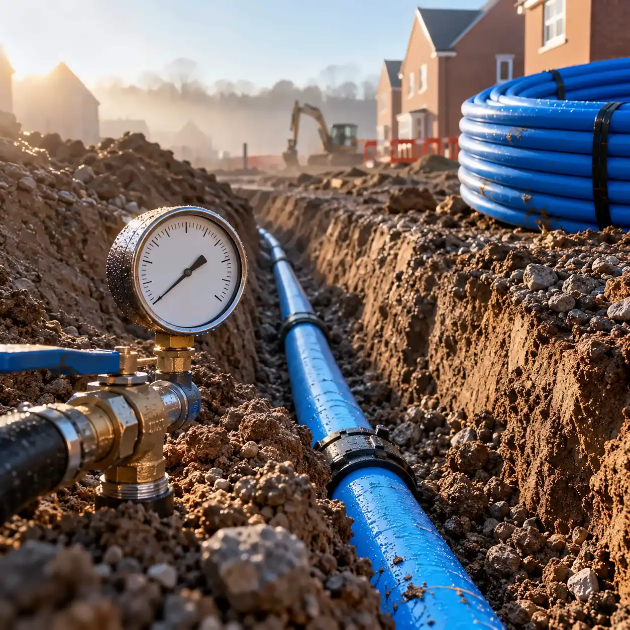 Blue MDPE water main in a trench with a pressure test gauge and a coil of pipe on a housing site